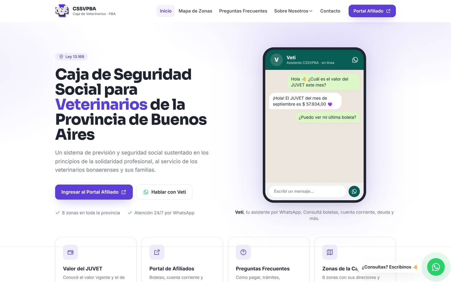 Portada del portal de la Caja de Seguridad Social para Veterinarios de la Provincia de Buenos Aires