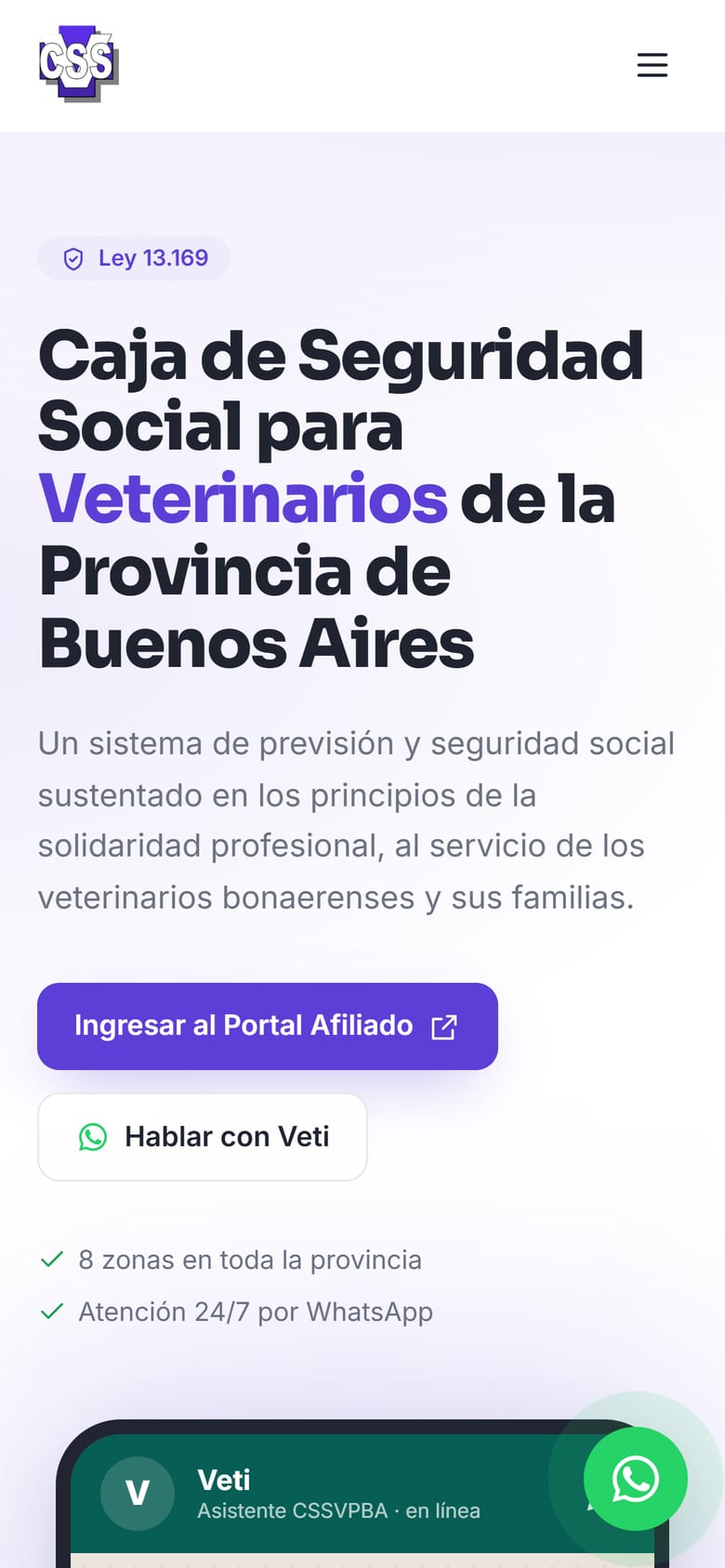 El portal de afiliados de CSSVPBA en un teléfono