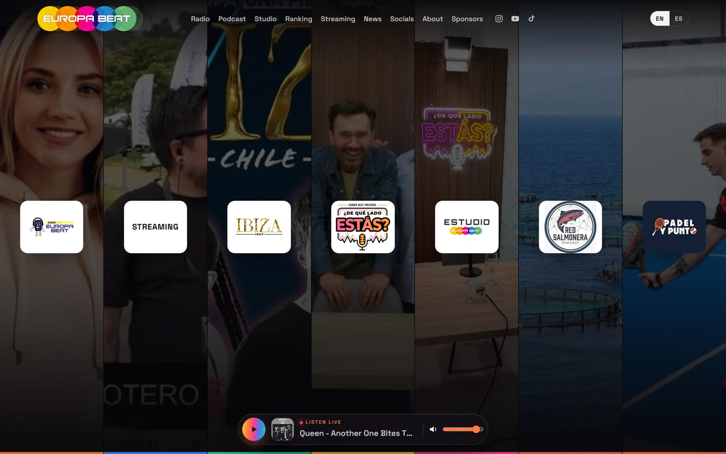 Portada de Europa Beat, con la grilla de contenidos y el reproductor en vivo en la parte inferior