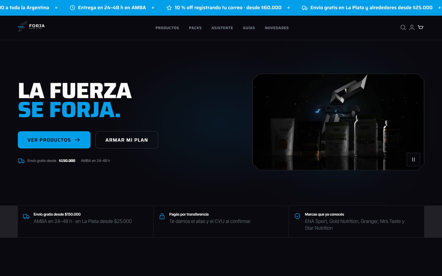 Portada de la tienda Forja Nutrition, con el lema La fuerza se forja y acceso al armador de plan