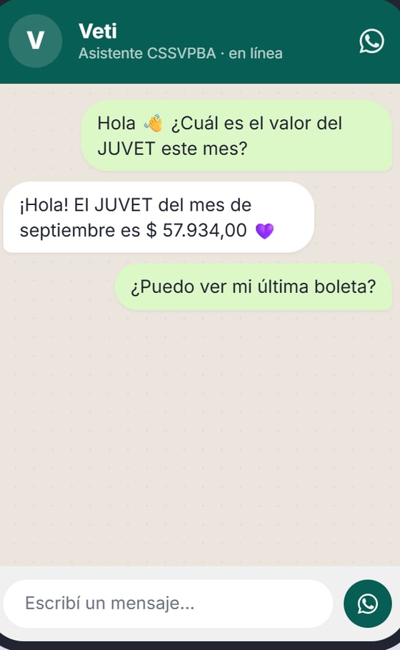 Conversación de WhatsApp con Veti, el asistente de CSSVPBA, consultando el valor del JUVET y la última boleta
